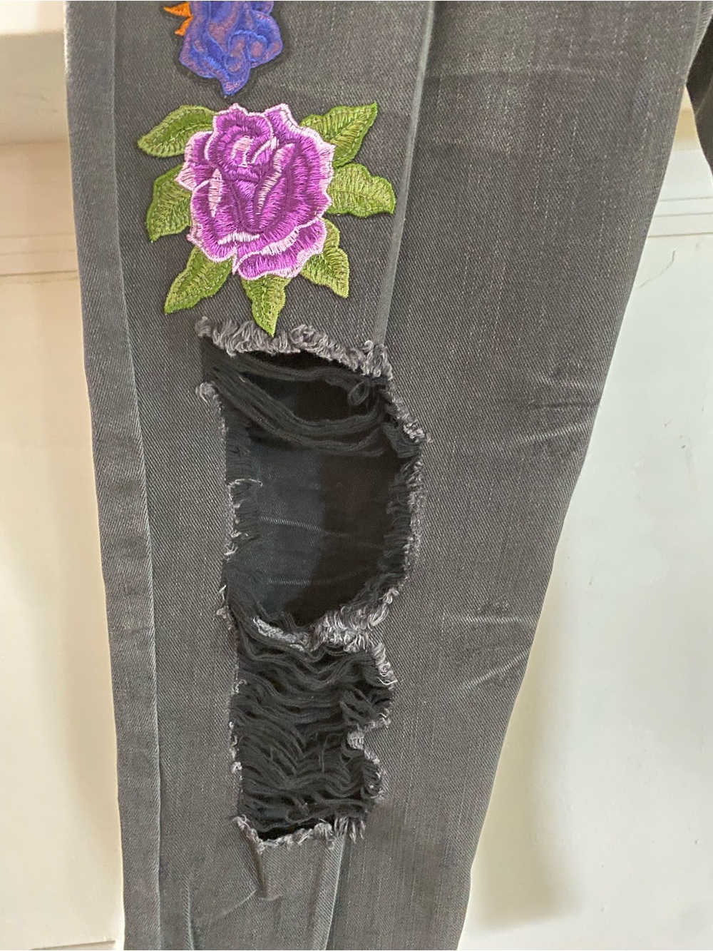 Karma Black Distressed Jeans with Red & Purple Floral Embroidery - Picture 4 of 9